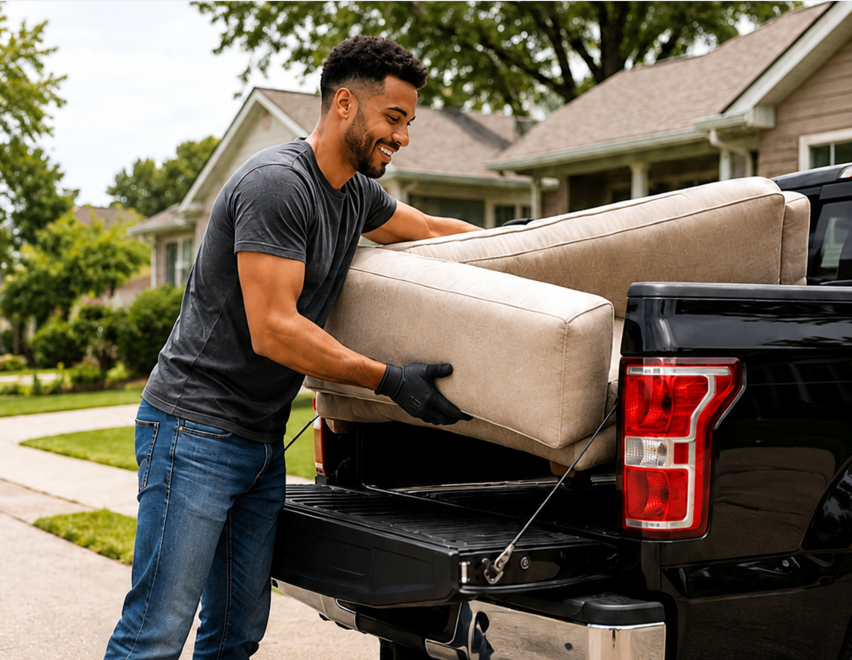 Local driver loading a sofa into a pickup truck in a suburban neighborhood